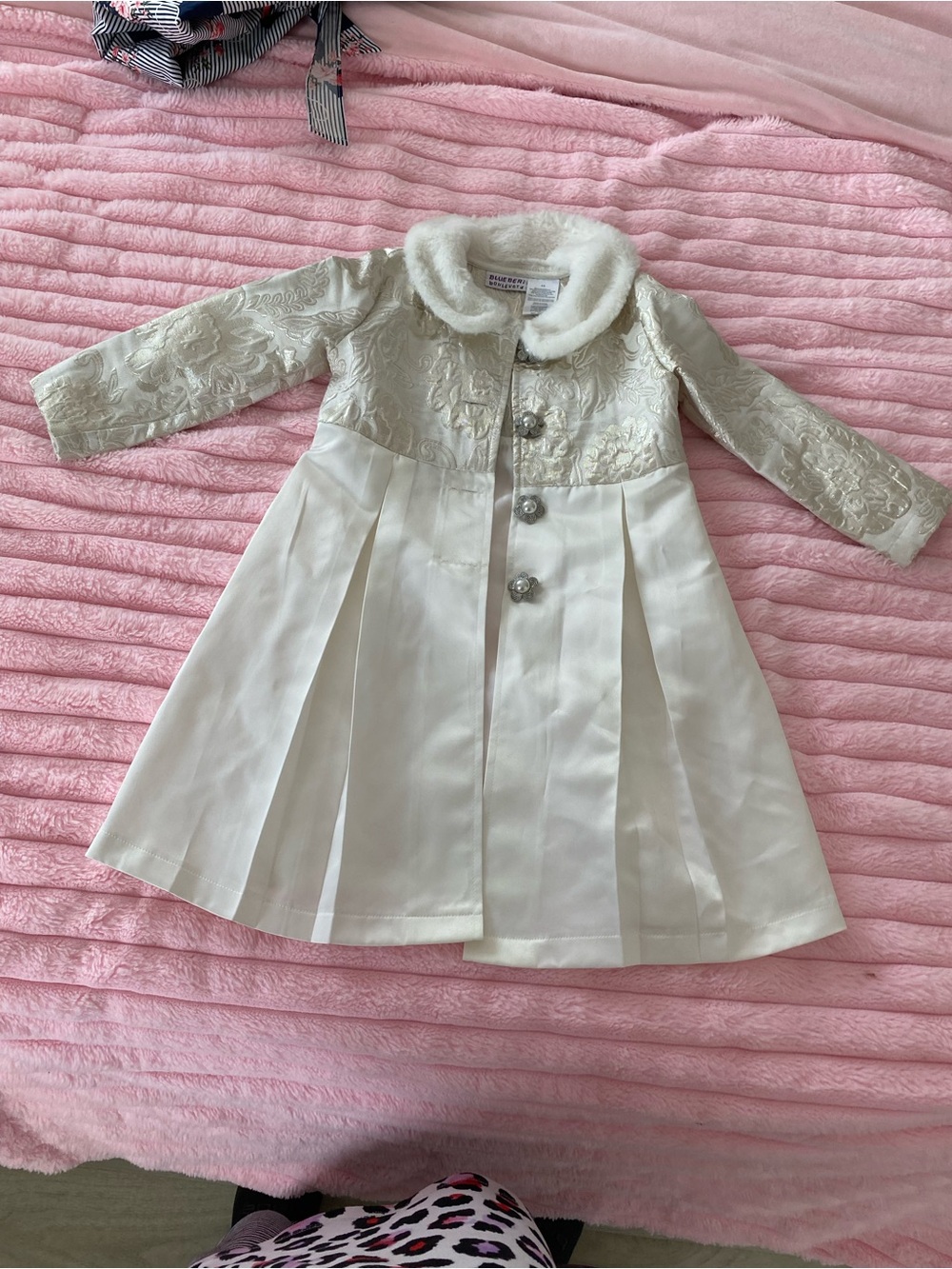 Blueberi Boulevard Cream/Faux Fur Girls' Pleated Dress Coat